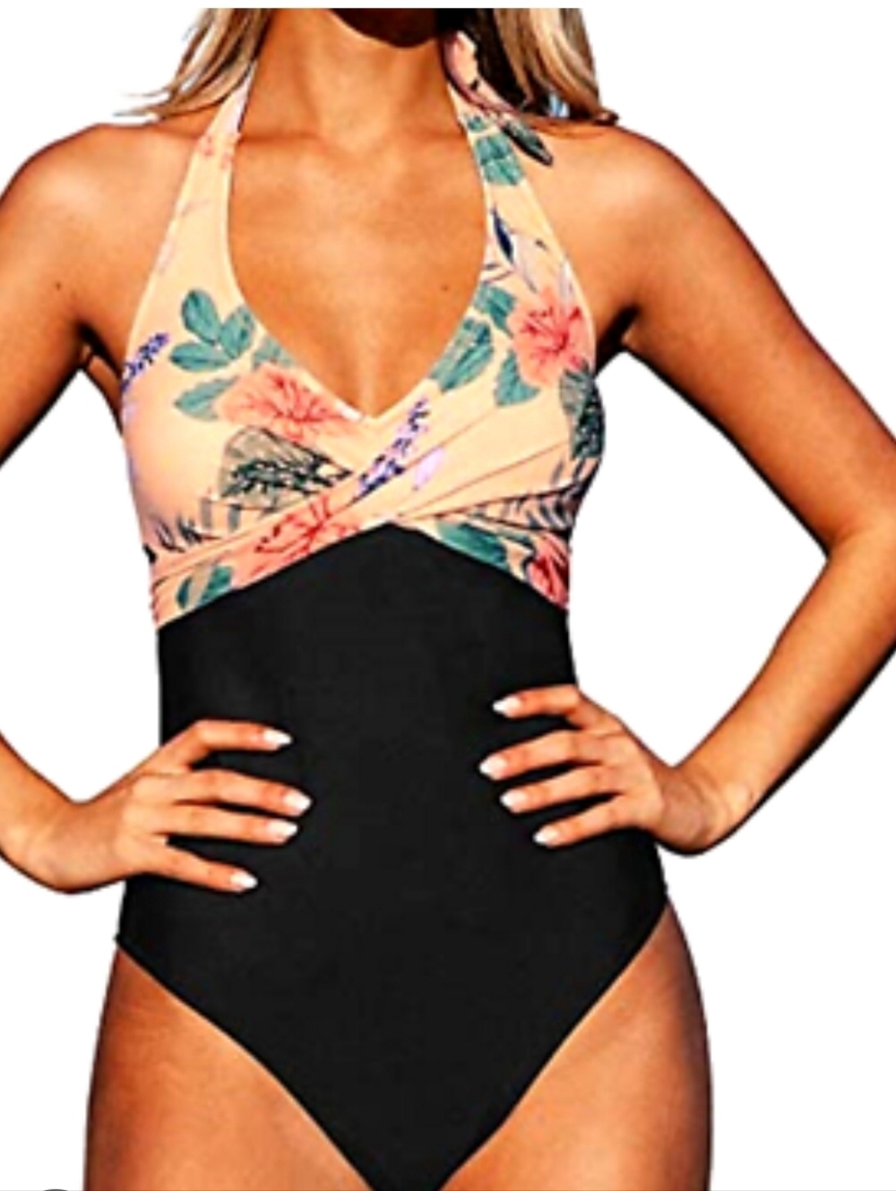 Cupshe Black One-Piece Swimsuit with Peach Floral Halter Top